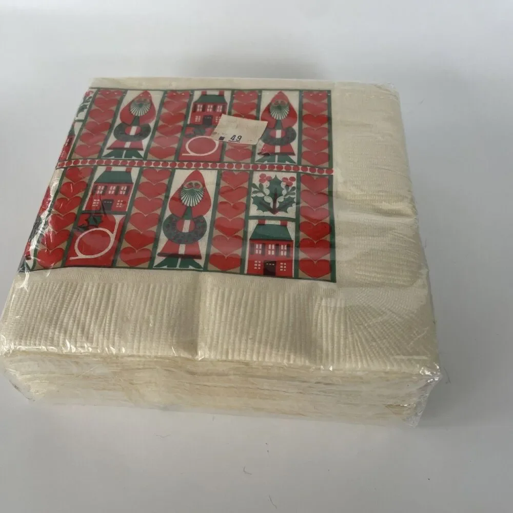 NOS Vintage Christmas Cocktail Napkins Package Of 50 Folk Art Santa Wreath New